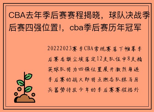 CBA去年季后赛赛程揭晓，球队决战季后赛四强位置!，cba季后赛历年冠军