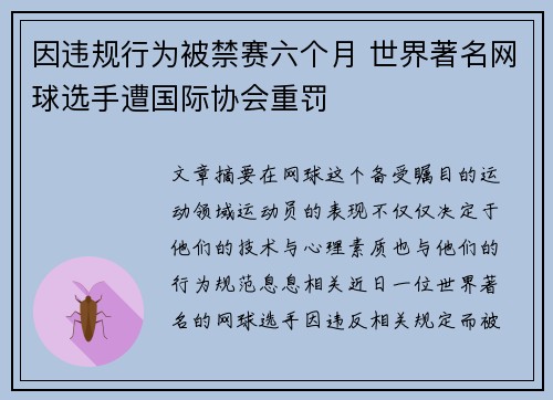 因违规行为被禁赛六个月 世界著名网球选手遭国际协会重罚